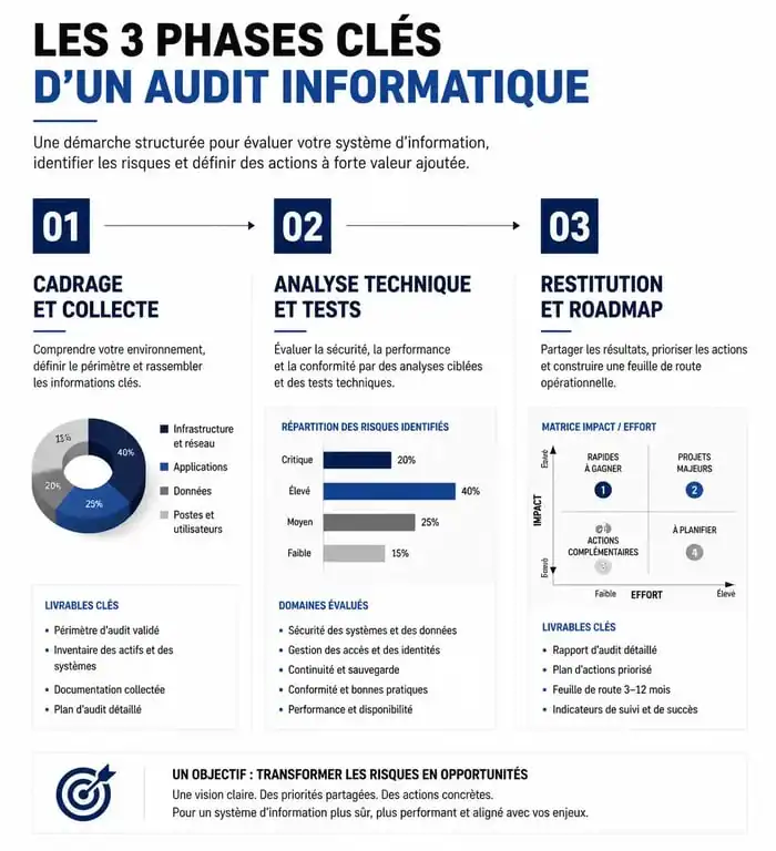 Infographie des étapes d'un audit informatique entreprise : cadrage, analyse technique et restitution