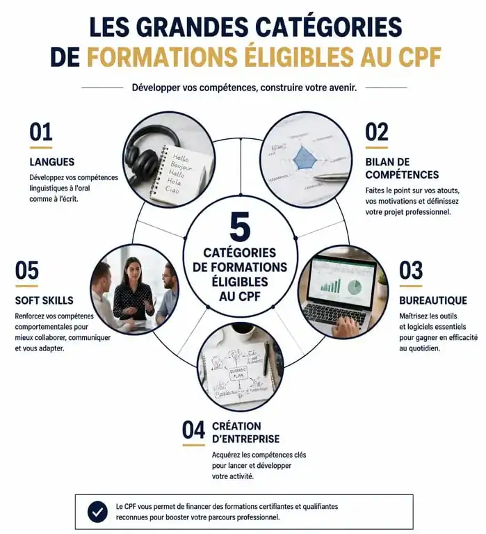 Infographie des idées de formation CPF pour booster sa carrière