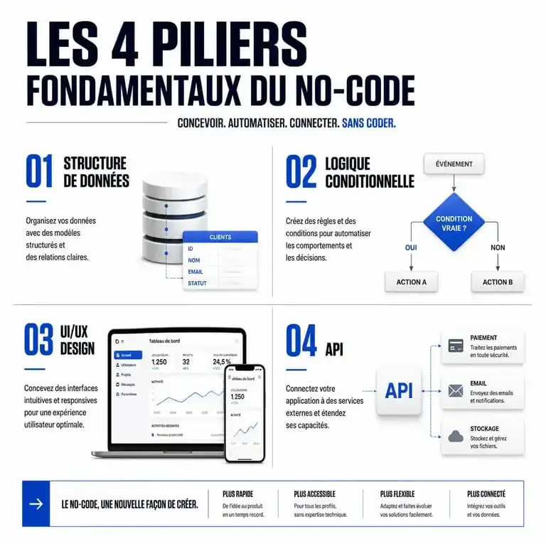 Infographie des 4 piliers pour apprendre le no code : données, logique, design et API