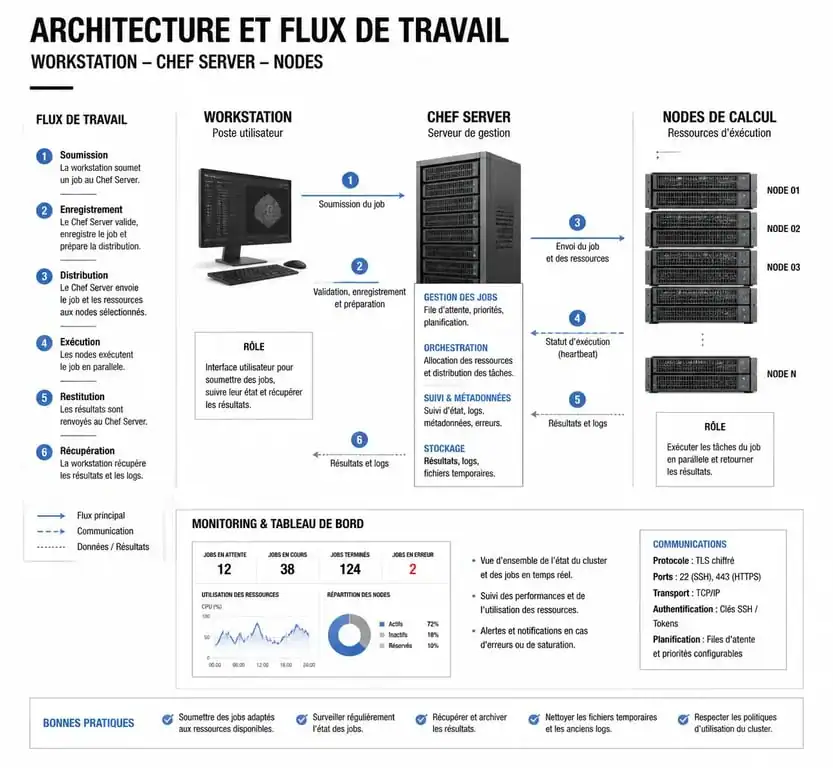 Schéma de l'architecture d'une formation DevOps avec Chef : Workstation, Server et Nodes