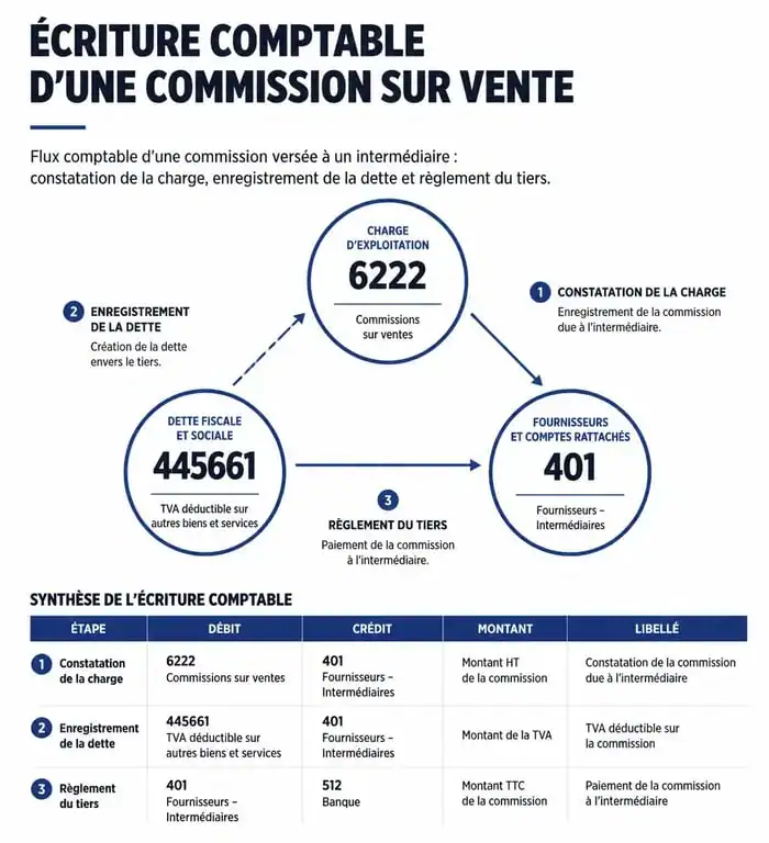Schéma comptable de l'enregistrement d'une commission sur vente dans le compte 6222