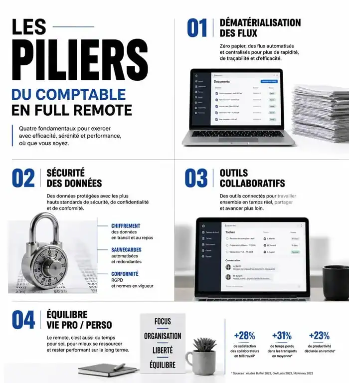 Infographie sur les piliers du métier de comptable full remote et les outils nécessaires pour réussir en télétravail.