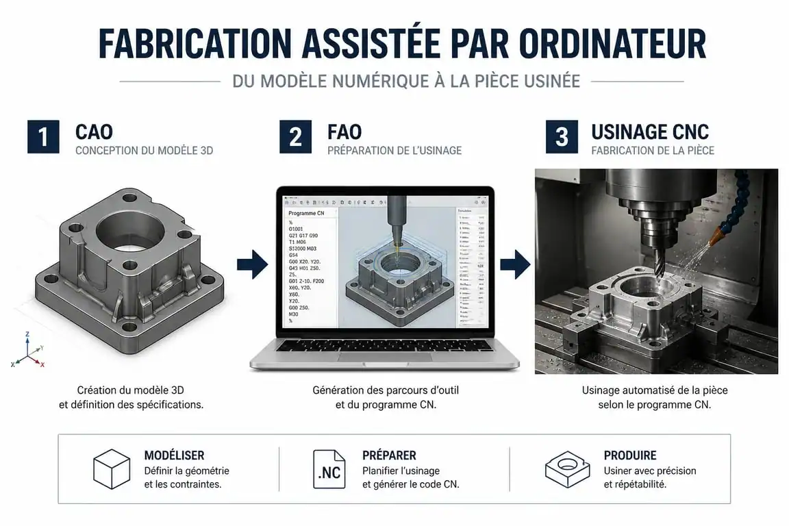 Schéma explicatif du flux de travail d'un logiciel FAO reliant la conception CAO à l'usinage CNC