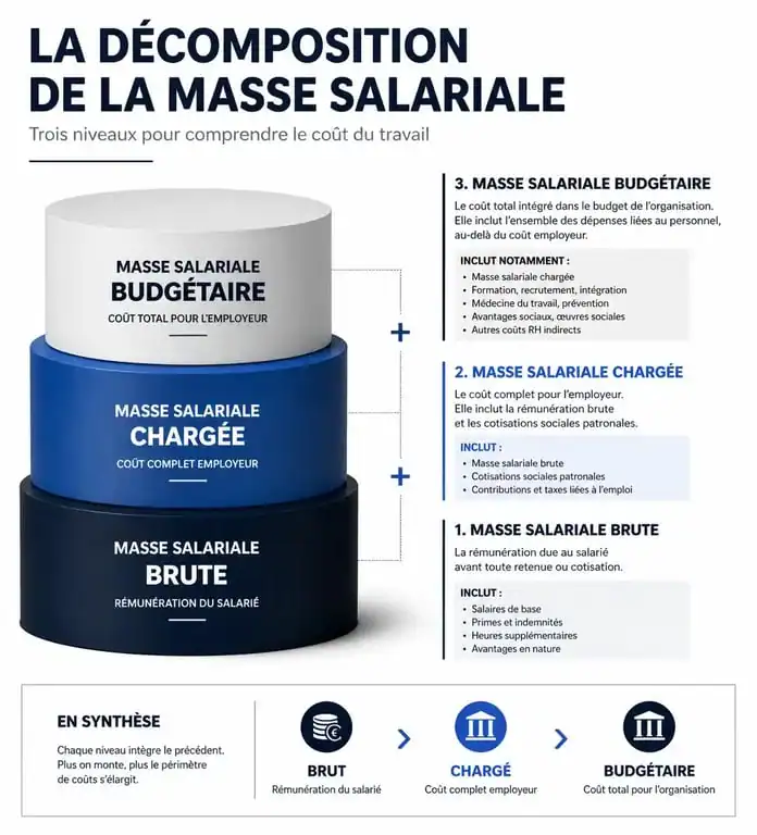 Schéma illustrant les composantes du pilotage de la masse salariale : brute, chargée et budgétaire.