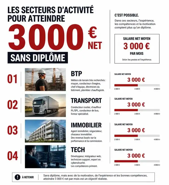Infographie des métiers accessibles sans diplôme pour gagner 3000 euros net par mois