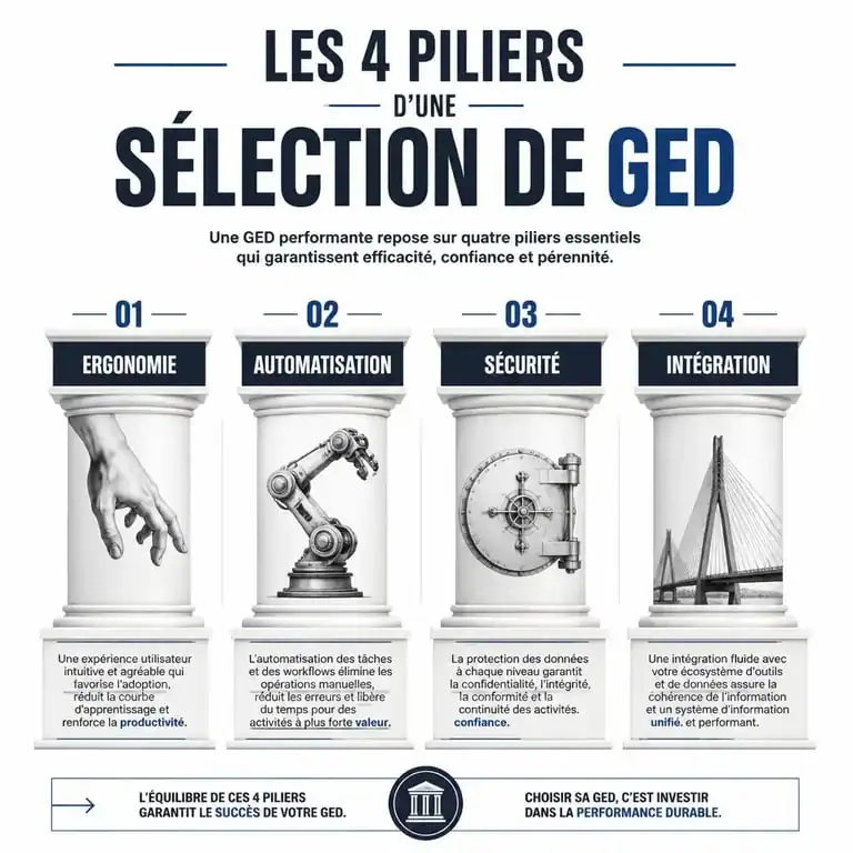Infographie des critères de choix pour un comparatif GED : ergonomie, automatisation, sécurité et intégration.