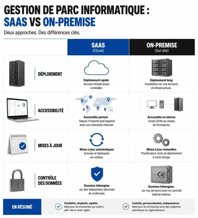 Infographie comparative entre solution de gestion de parc informatique SaaS et On-Premise pour aider au choix stratégique.
