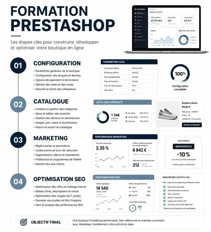 Infographie des étapes clés d'une formation PrestaShop pour e-commerçants