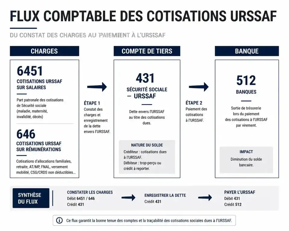 Schéma du compte comptable URSSAF et flux des écritures sociales