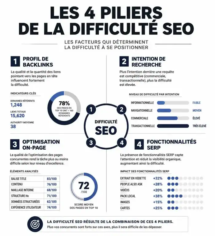 Les 4 piliers de la difficulté SEO : backlinks, intention, on-page et fonctionnalités SERP