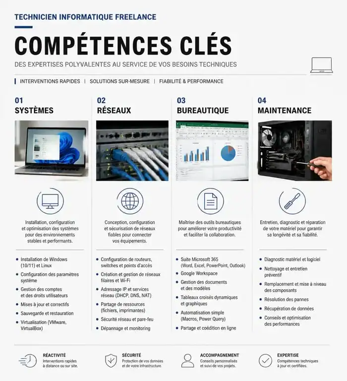 Compétences clés d'un technicien informatique freelance pour la gestion de parc et support IT