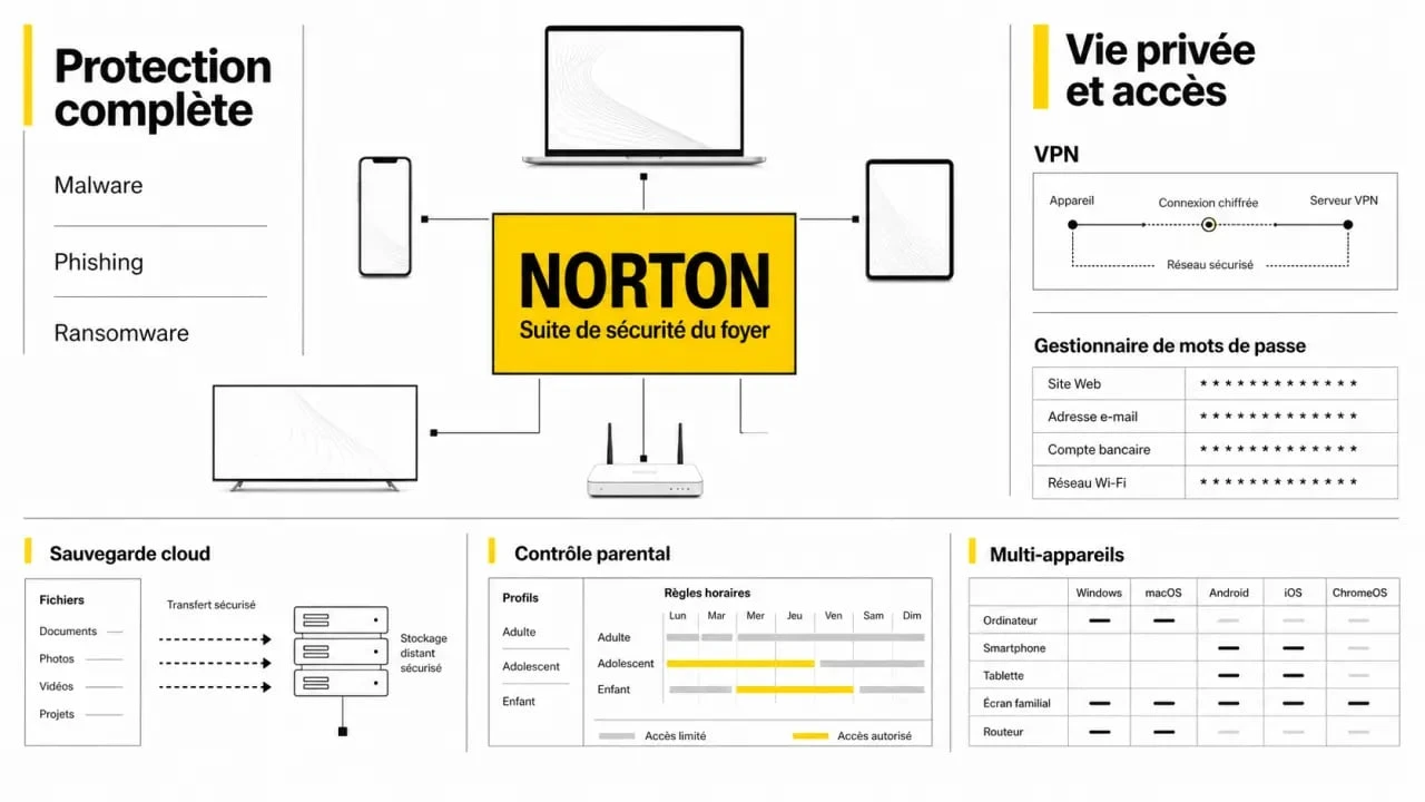 Norton antivirus avis : illustration comparative de la suite Norton 360 avec VPN, mots de passe et protection multi-appareils