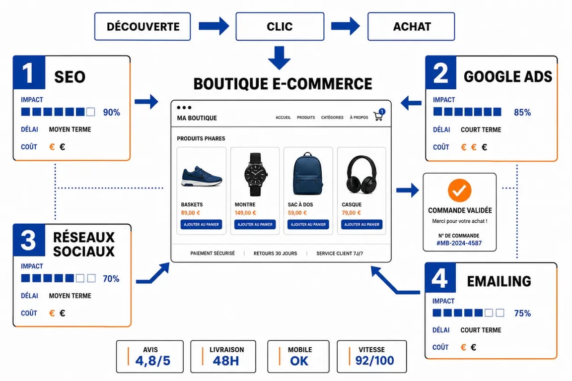 Comment optimiser la visibilité en ligne de votre boutique e-commerce : schéma des leviers SEO, Google Ads, réseaux sociaux et emailing