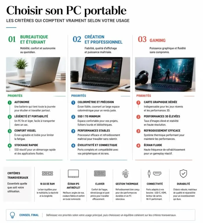 Avis PC portable : infographie des critères à privilégier selon l’usage