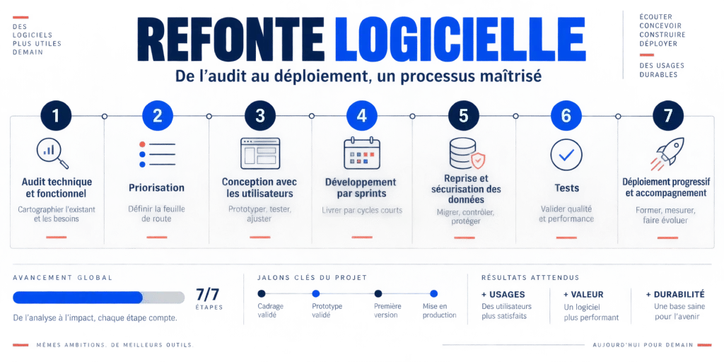 Infographie des étapes clés d'une refonte logiciel, de l'audit au déploiement progressif
