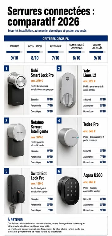 Meilleure serrure connectée : infographie comparative des modèles, prix et critères de choix