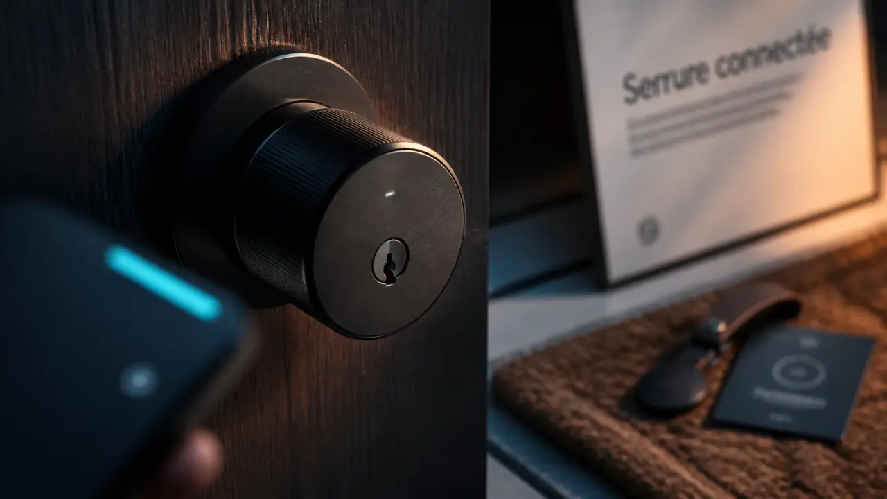 Meilleure serrure connectée : gros plan serrure noire sur porte d’entrée