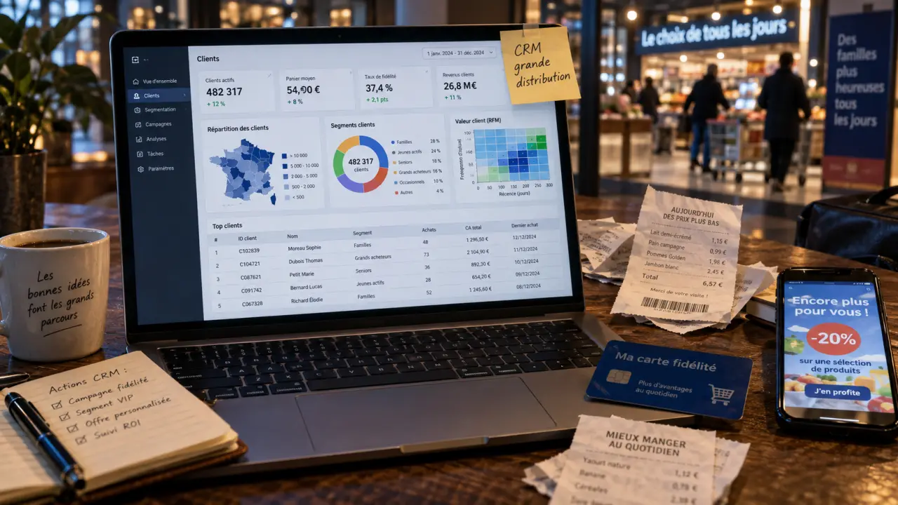 CRM grande distribution : tableau de bord CRM retail sur laptop, fidélité et promotions en hypermarché