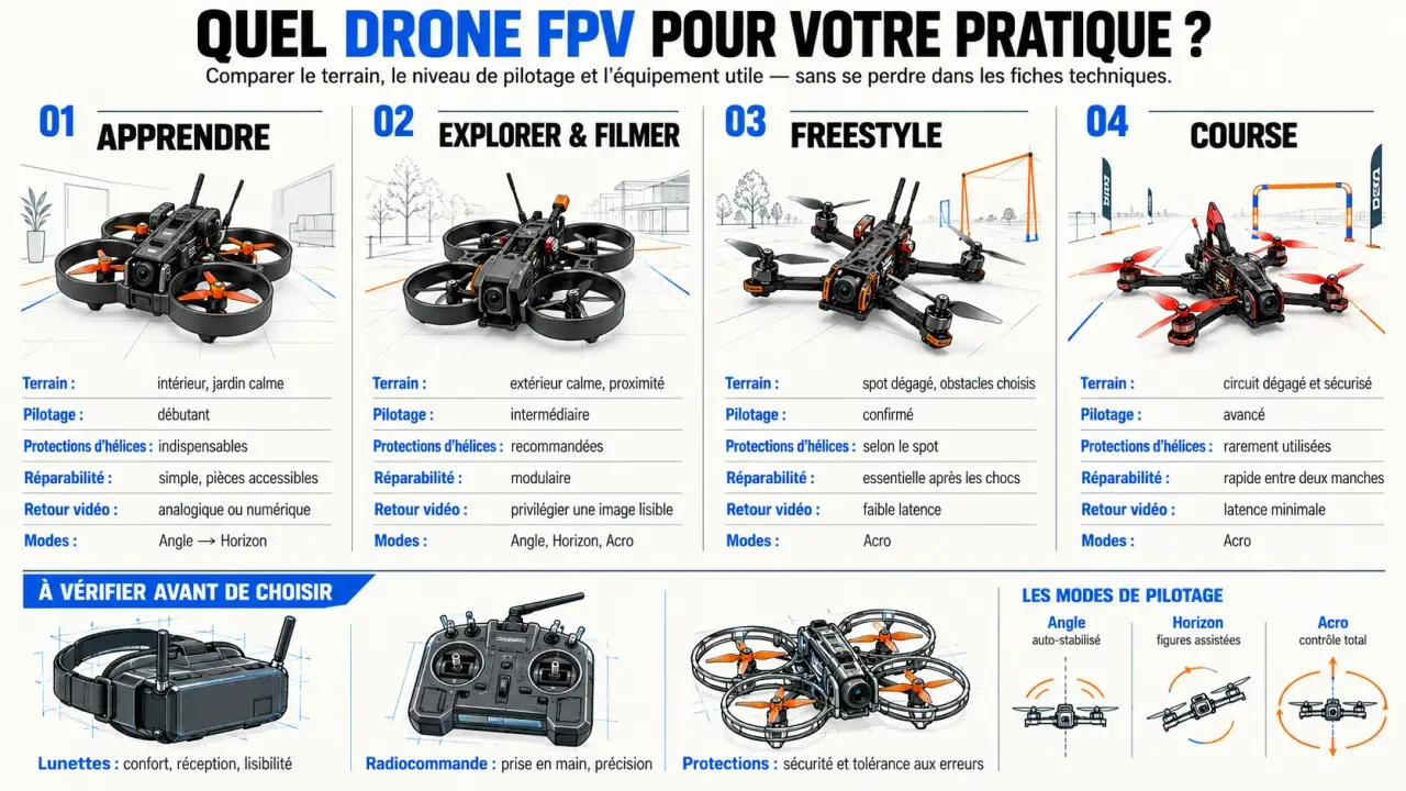 Infographie pour choisir le meilleur drone FPV selon son profil et son usage