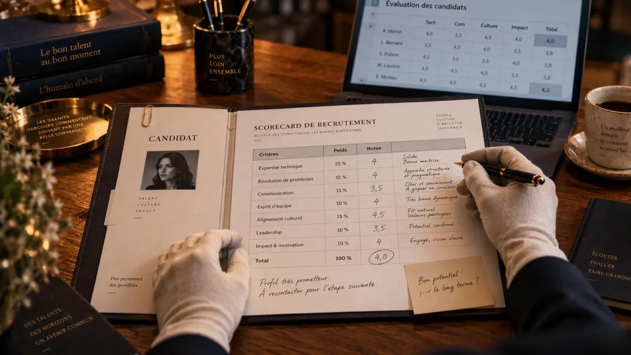 Scorecard recrutement avec critères et notes sur dossier de recrutement